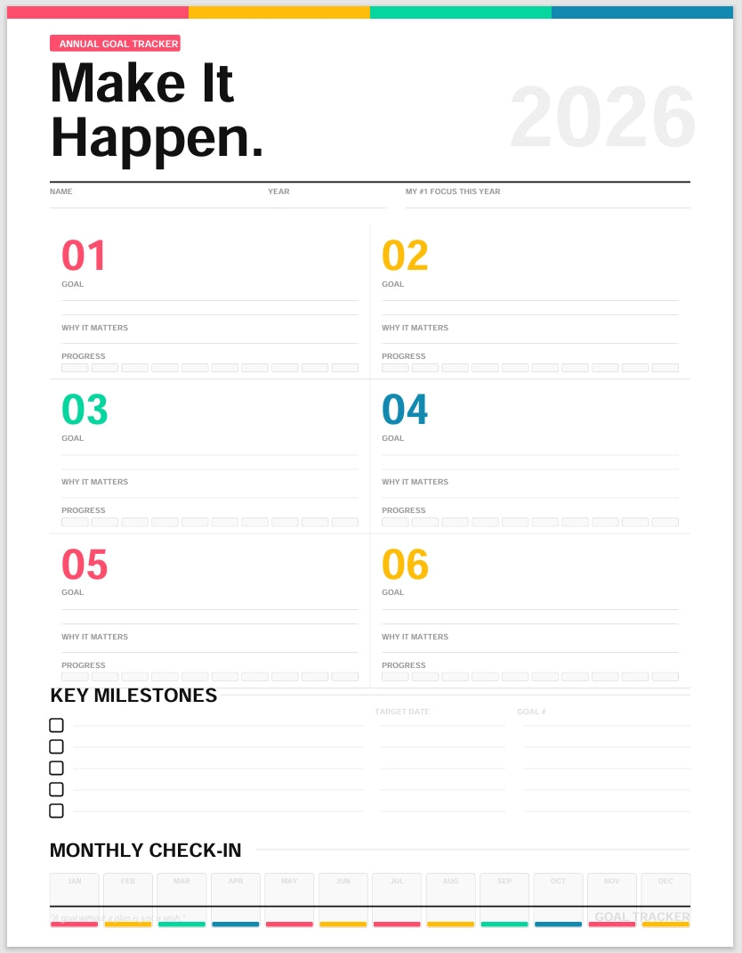 2026 Goal Tracker Printable PDF | Annual Planner Insert | Instant Download